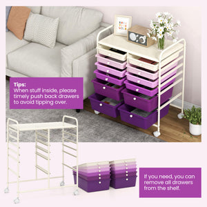 12-Drawer Rolling Storage Cart with Removable Drawers and Lockable Wheels-Purple