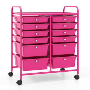 12-Drawer Rolling Storage Cart with Removable Drawers and Lockable Wheels-Rose Red