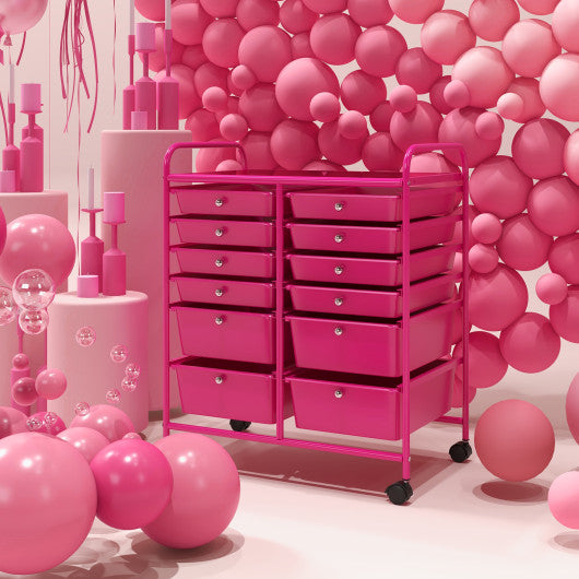 12-Drawer Rolling Storage Cart with Removable Drawers and Lockable Wheels-Rose Red