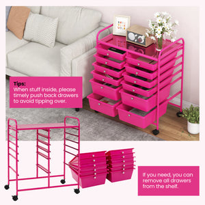 12-Drawer Rolling Storage Cart with Removable Drawers and Lockable Wheels-Rose Red