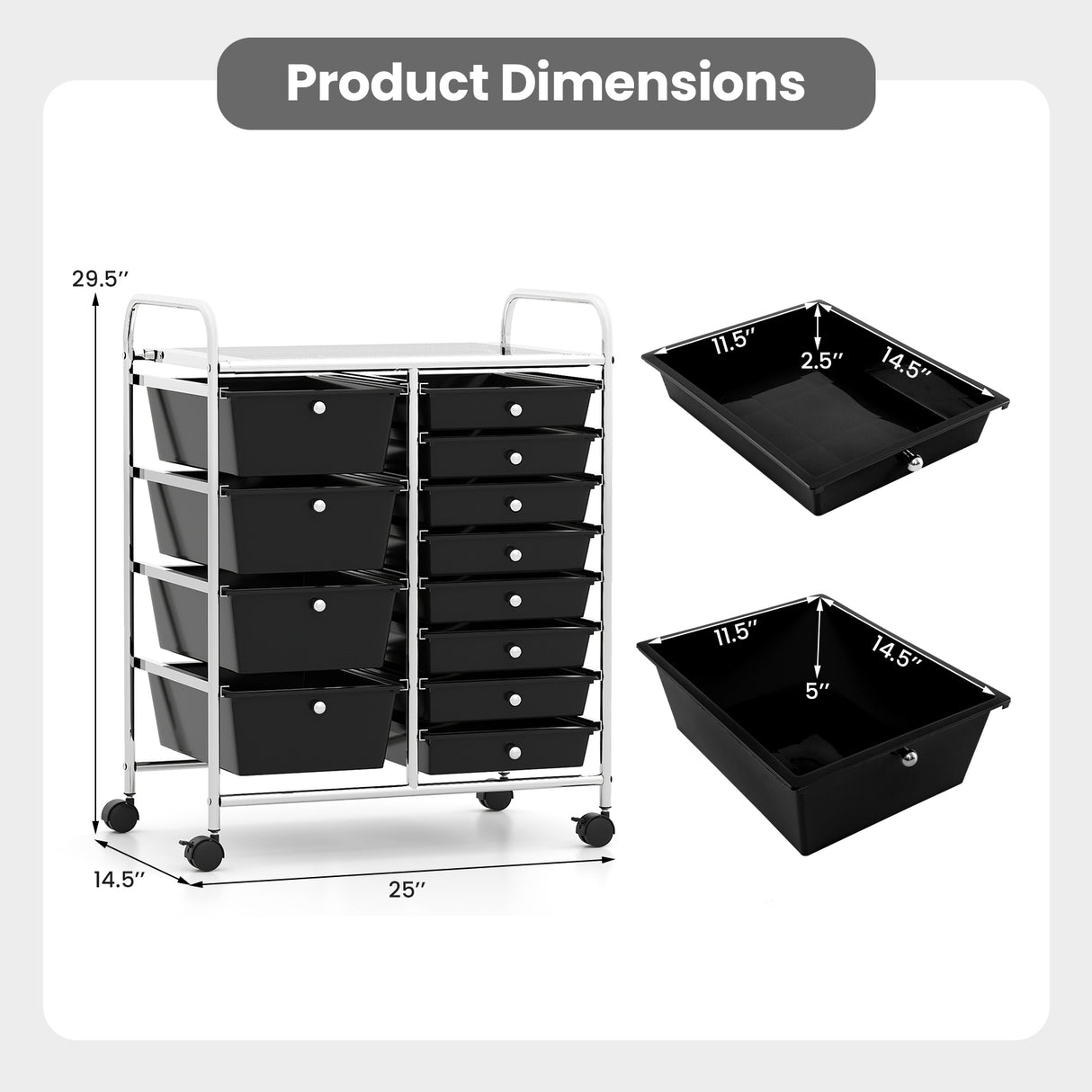 12-Drawer Utility Rolling Cart with Drawers Multi-Use Storage-Black