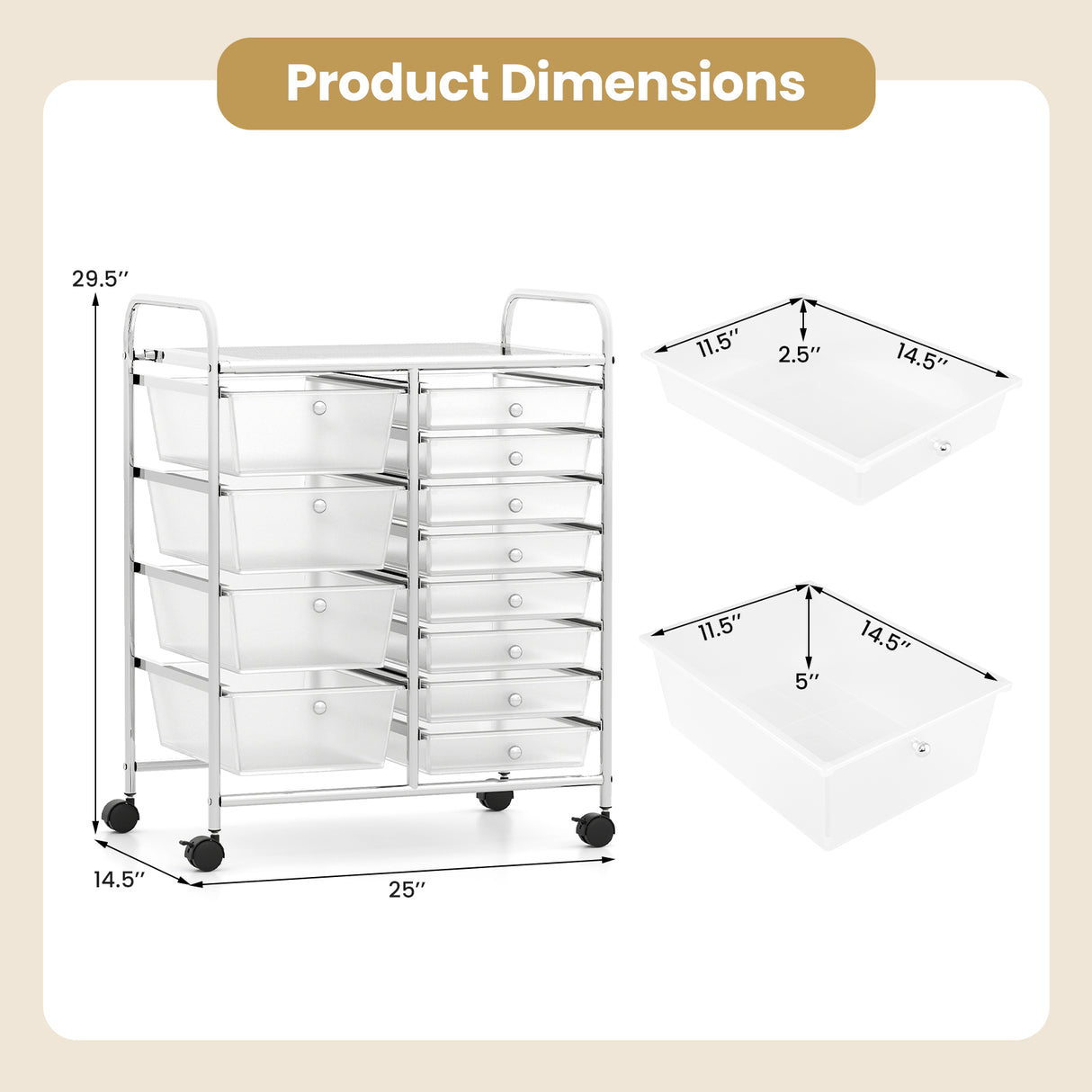 12-Drawer Utility Rolling Cart with Drawers Multi-Use Storage-Transparent