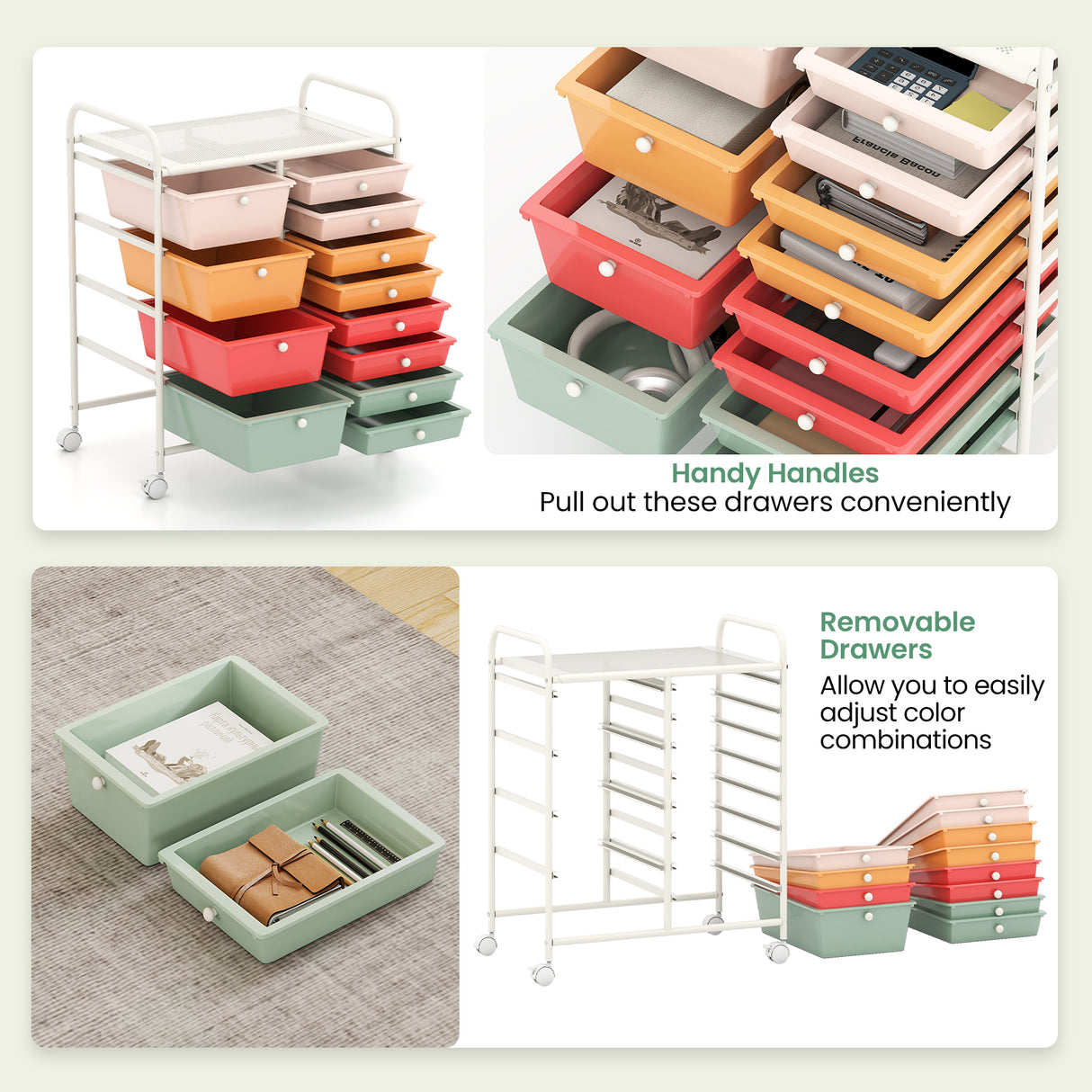 12-Drawer Utility Rolling Cart with Drawers Multi-Use Storage-Macaron