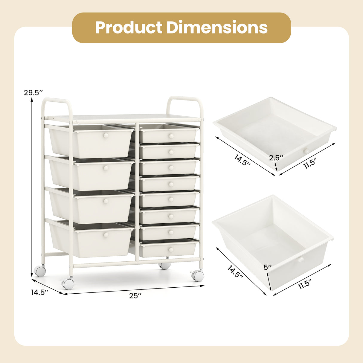 12-Drawer Utility Rolling Cart with Drawers Multi-Use Storage-White