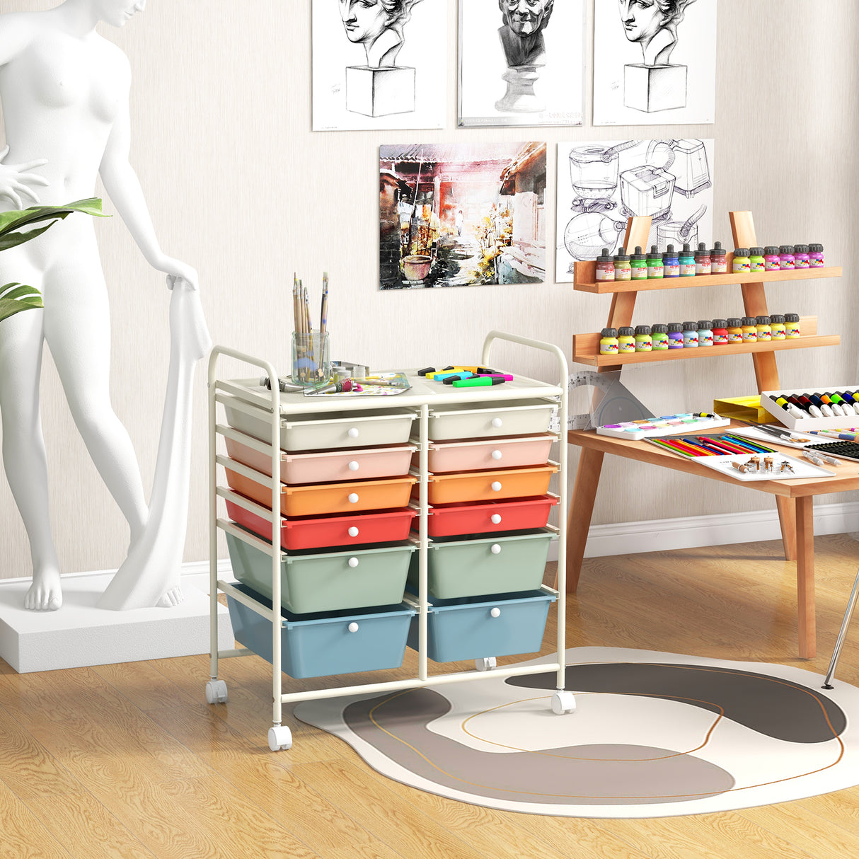 12 Drawers Rolling Cart Storage Scrapbook Paper Organizer Bins-Deep Multicolor