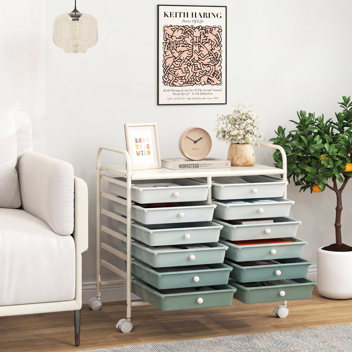 12 Drawers Rolling Storage Cart for Home and Office-Green Gradient