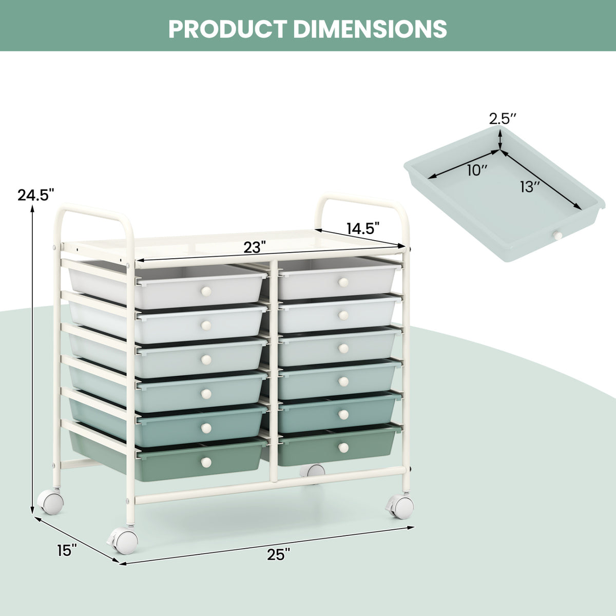 12 Drawers Rolling Storage Cart for Home and Office-Green Gradient