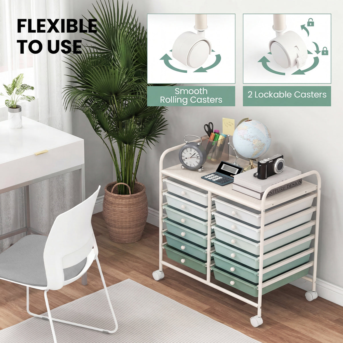 12 Drawers Rolling Storage Cart for Home and Office-Green Gradient