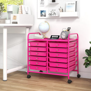 12 Drawers Rolling Storage Cart for Home and Office-Hot Pink