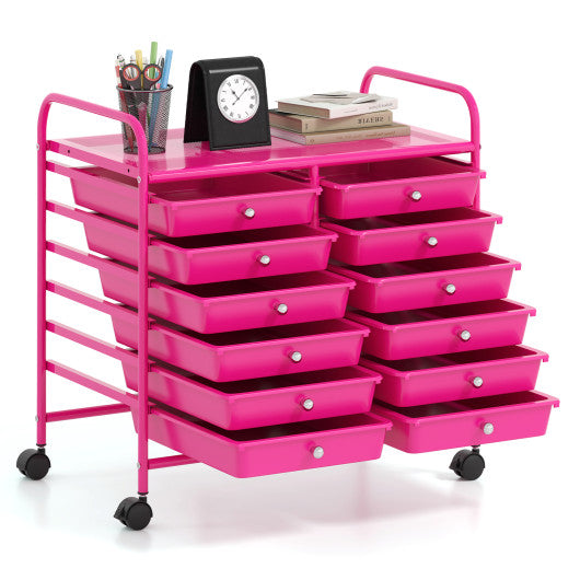 12 Drawers Rolling Storage Cart for Home and Office-Hot Pink