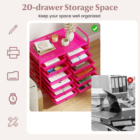 12 Drawers Rolling Storage Cart for Home and Office-Hot Pink