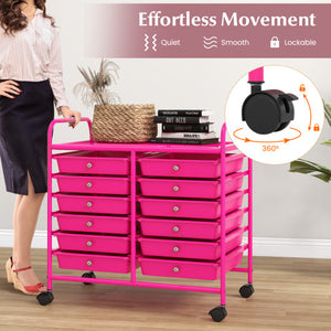 12 Drawers Rolling Storage Cart for Home and Office-Hot Pink