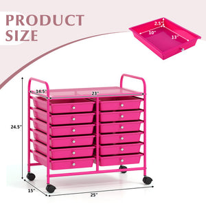 12 Drawers Rolling Storage Cart for Home and Office-Hot Pink