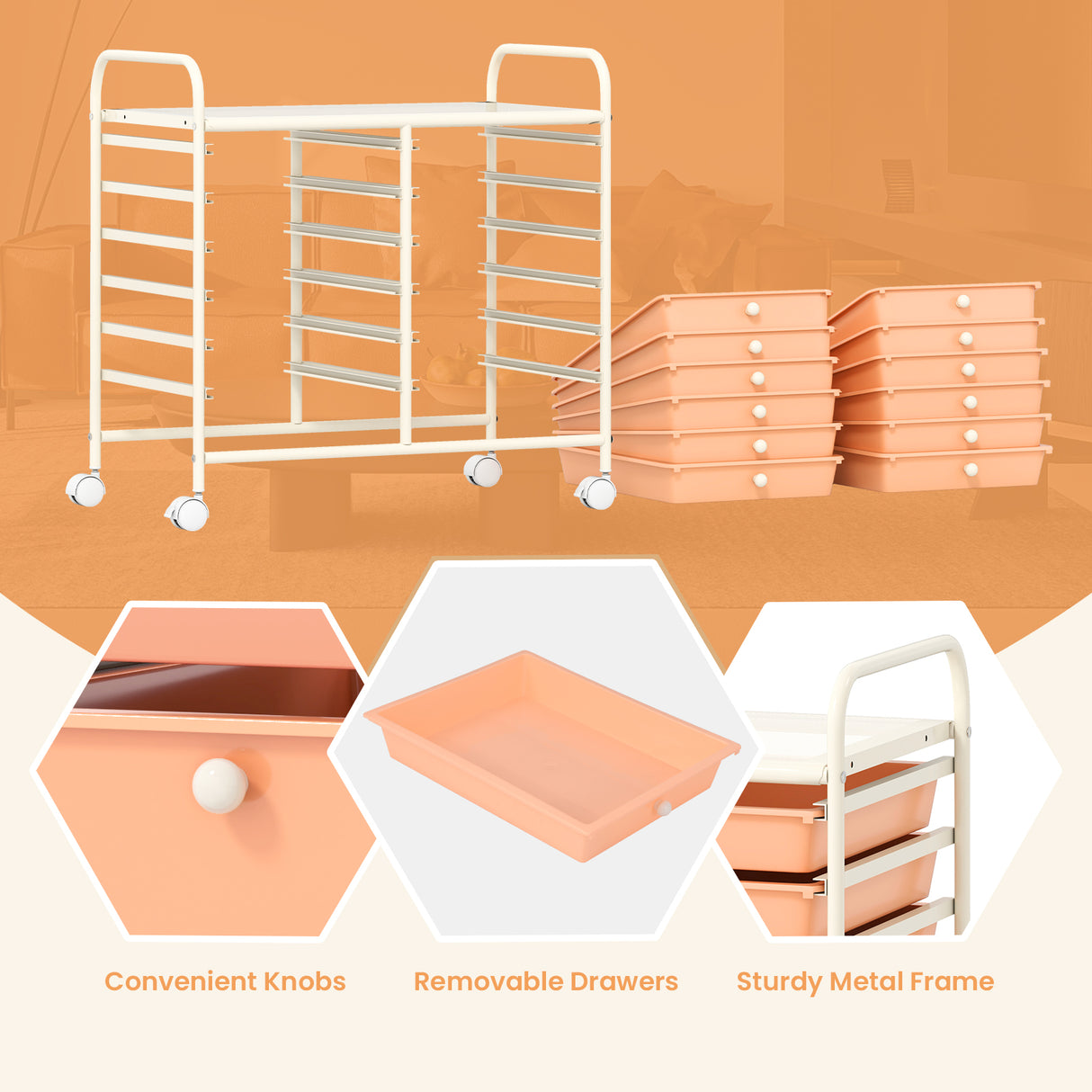 12 Drawers Rolling Storage Cart for Home and Office-Peach