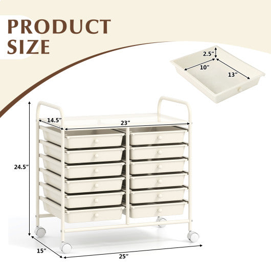 12 Drawers Rolling Storage Cart for Home and Office-White