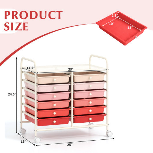 12 Drawers Rolling Storage Cart for Home and Office-Pink