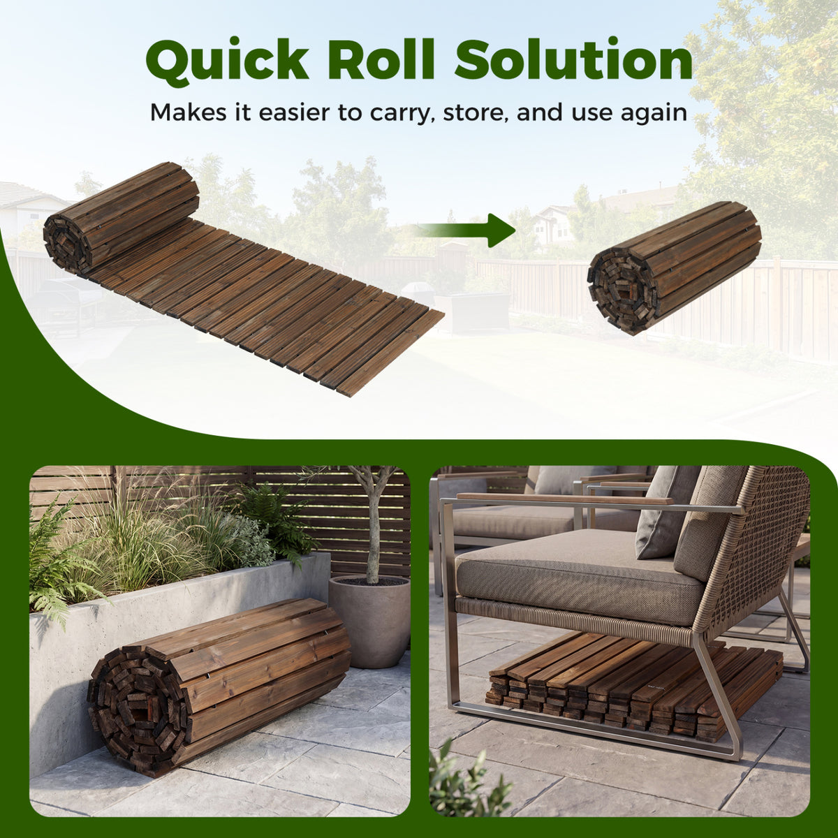 12 FT Wooden Garden Pathway 22 Inches Wide Outdoor Roll out Straight Walkway-Brown