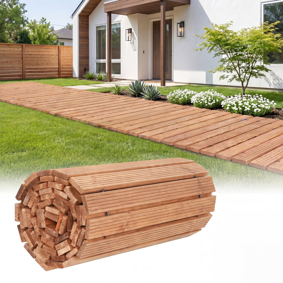 12 FT Wooden Garden Pathway 22 Inches Wide Outdoor Roll out Straight Walkway-1 Piece