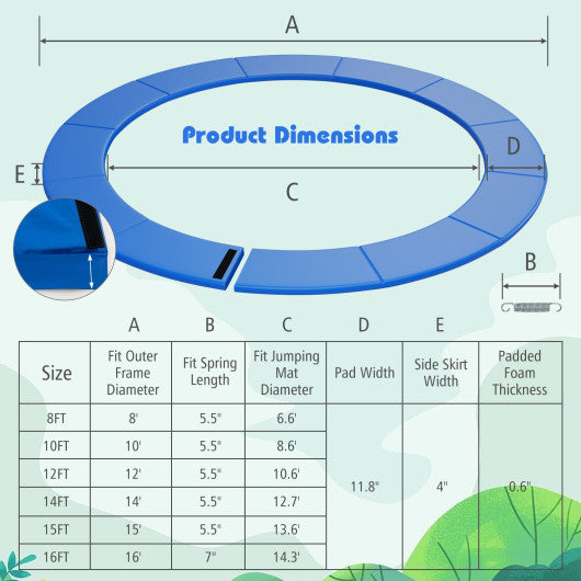 12 Feet Trampoline Pad Replacement Safety Pad with Fixing Straps (Blue)