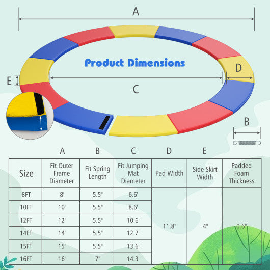 12 Feet Trampoline Pad Replacement Safety Pad with Fixing Straps (Multicolor)