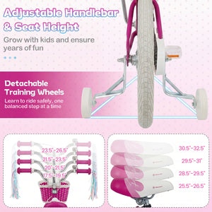 12-Inch Kids Bike Adjustable with Basket and Streamers Rose Red - Princess of the Sea Theme