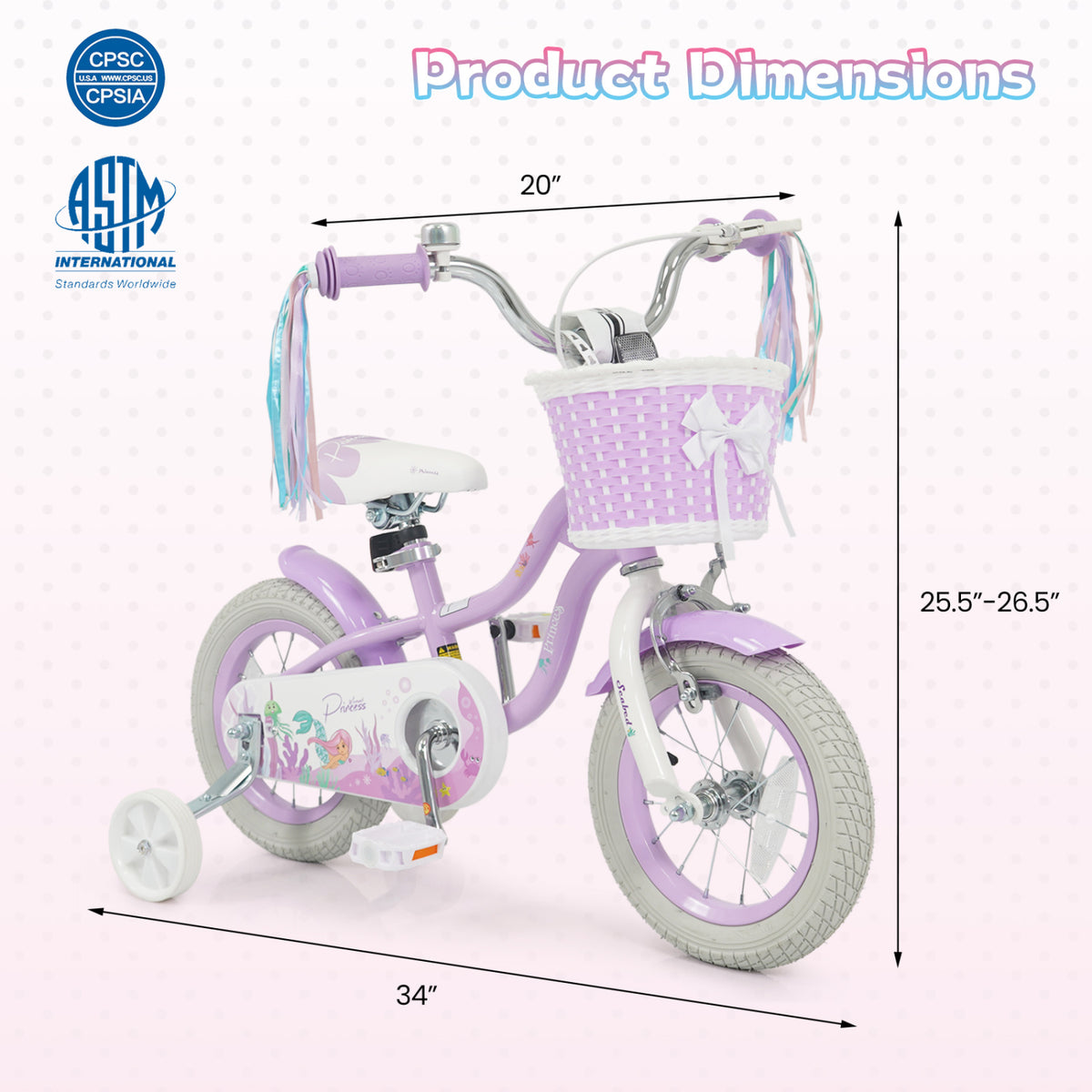 12 Inch Kids Bike Adjustable with Basket and Streamers Purple - Princess of the Sea Theme