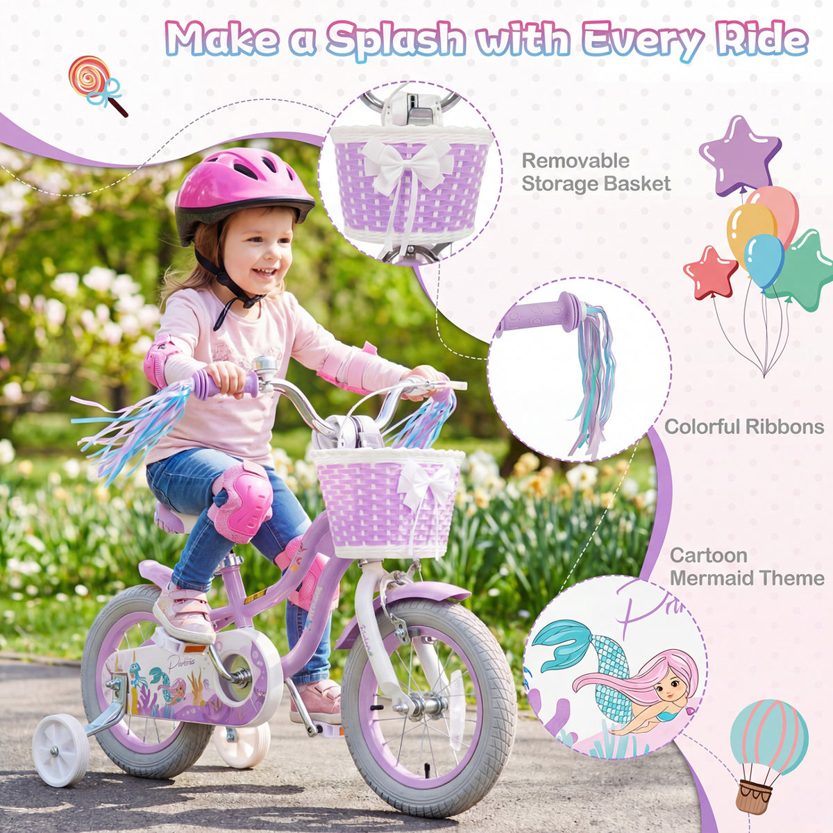12 Inch Kids Bike Adjustable with Basket and Streamers Purple - Princess of the Sea Theme