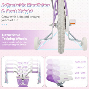 12 Inch Kids Bike Adjustable with Basket and Streamers Purple - Princess of the Sea Theme