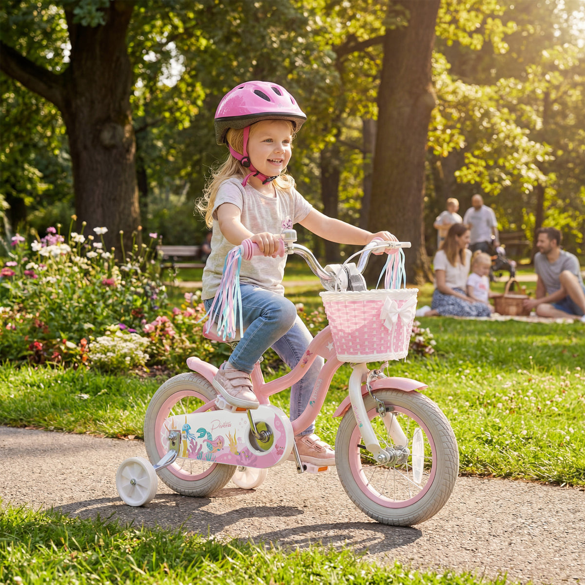 12 Inch Kids Bike Adjustable with Basket and Streamers for Girls Aged 3-4 Years Old Pink