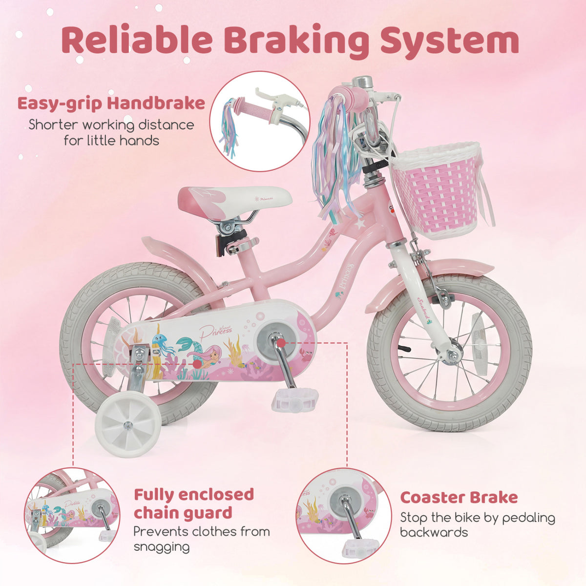 12 Inch Kids Bike Adjustable with Basket and Streamers for Girls Aged 3-4 Years Old Pink