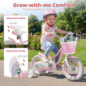12 Inch Kids Bike Adjustable with Basket and Streamers for Girls Aged 3-4 Years Old Pink