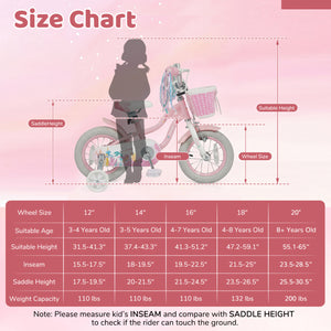12 Inch Kids Bike Adjustable with Basket and Streamers for Girls Aged 3-4 Years Old Pink