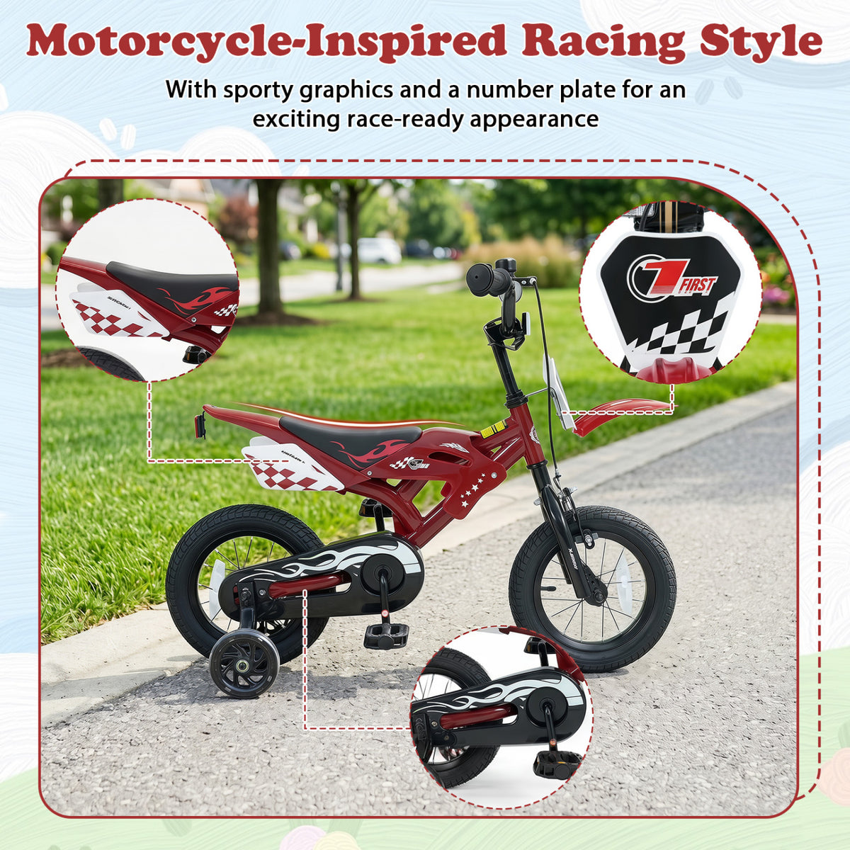12 Inch Kids Bike Motorcycle-Inspired for Boy Girl Ages 3-4 Years-Red