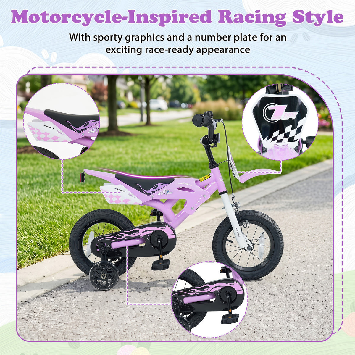 12 Inch Kids Bike Motorcycle-Inspired for Boy Girl Ages 3-4 Years-Purple