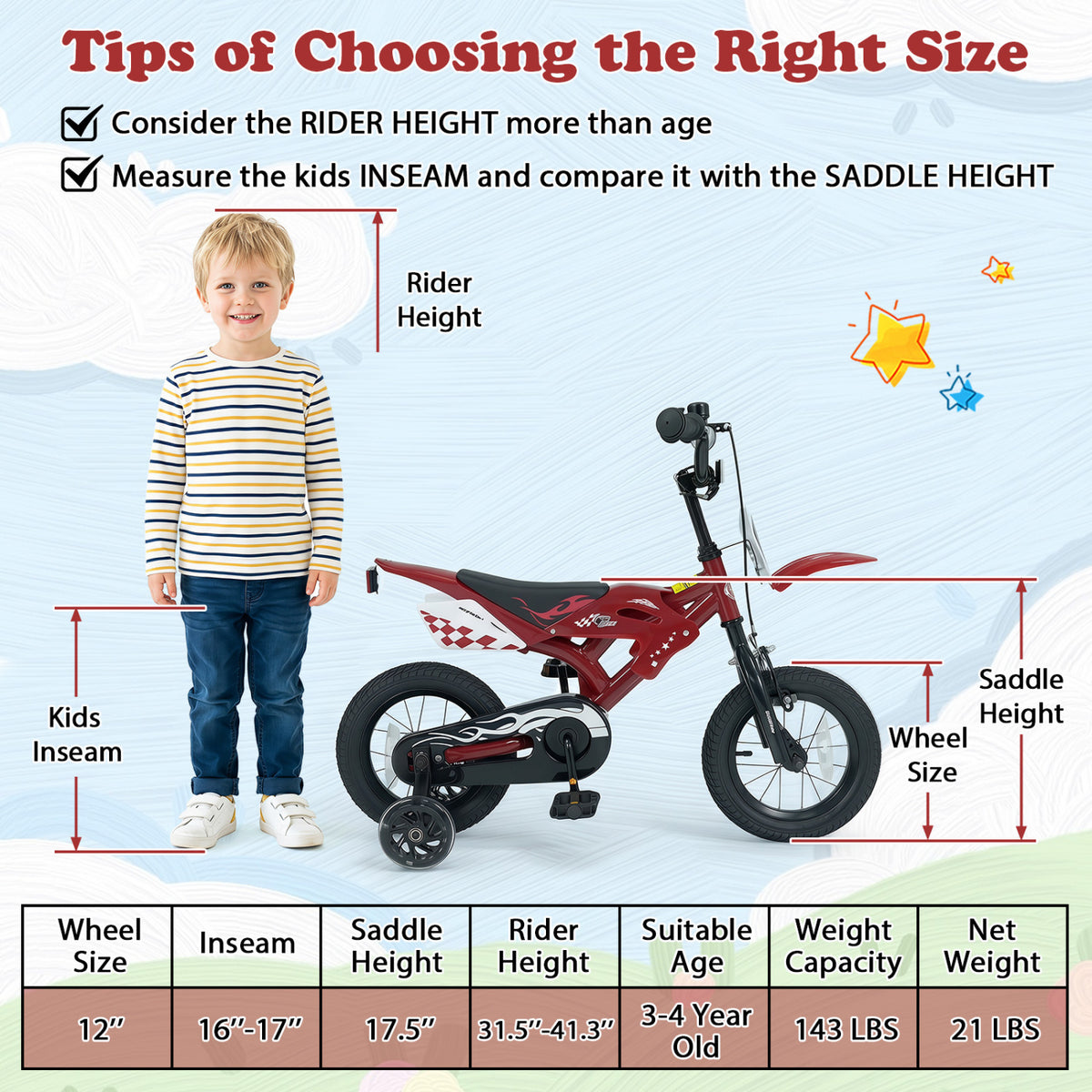 12 Inch Kids Bike Motorcycle-Inspired for Boy Girl Ages 3-4 Years-Red