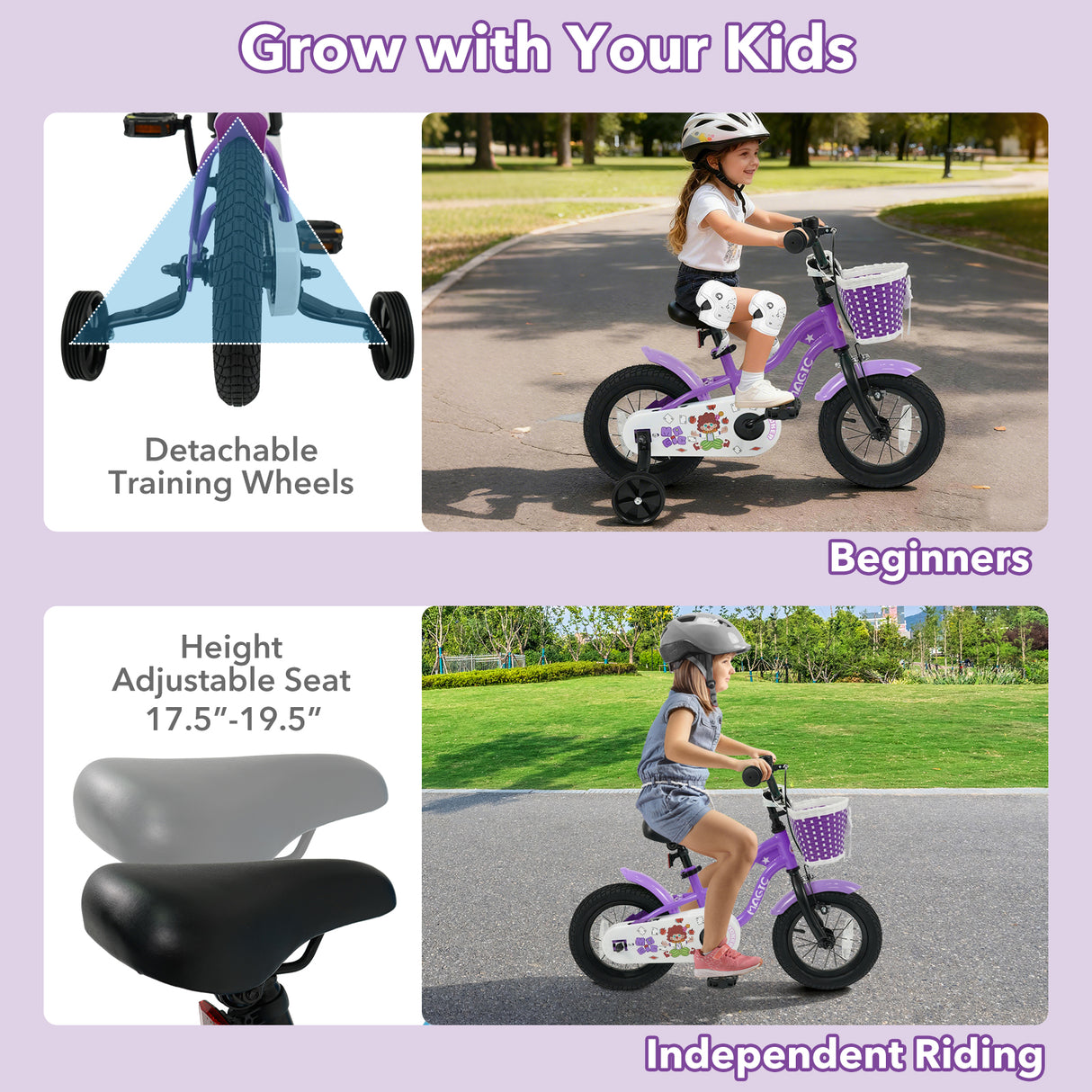 12 Inch Kids Bike with Training Wheels for Aged 3-4 Years Old - Magic Purple