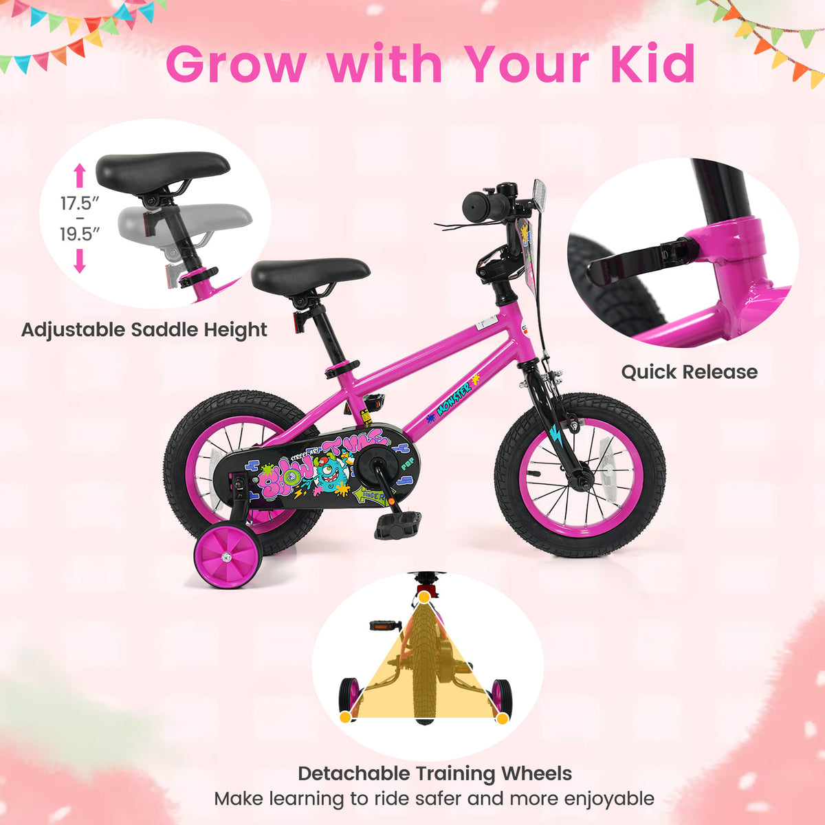 12 Inch Kids Bike with Training Wheels for Ages 3-4 Years Old Pink- Street Art Time