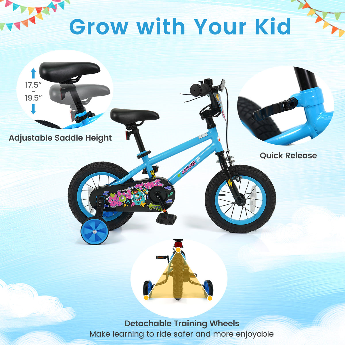 12 Inch Kids Bike with Training Wheels for Ages 3-8 Years Old Blue- Street Art Time