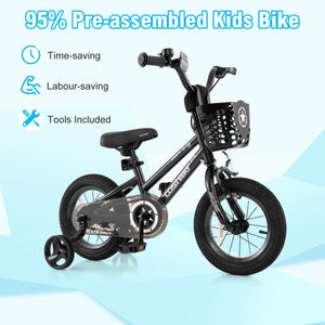 12 Inch Kids Bike with Basket and Training Wheels for Children Aged 3-5 Years Old