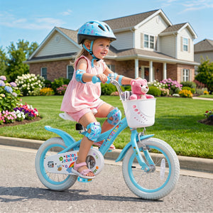 12 Inches Girls Bike for 3-4 Years Old with Training Wheels and Basket - Spring Party  Blue