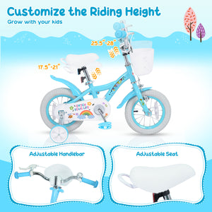 12 Inches Girls Bike for 3-4 Years Old with Training Wheels and Basket - Spring Party  Blue