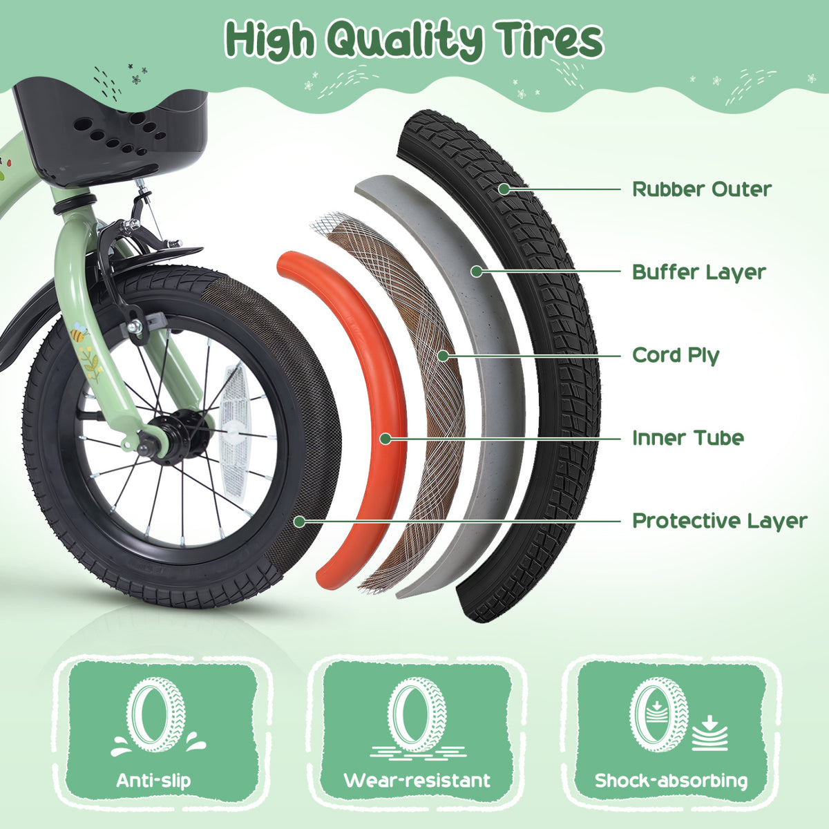 12 Inches Girls Bike for 3-8 Years Old with Basket - Spring Party  Green