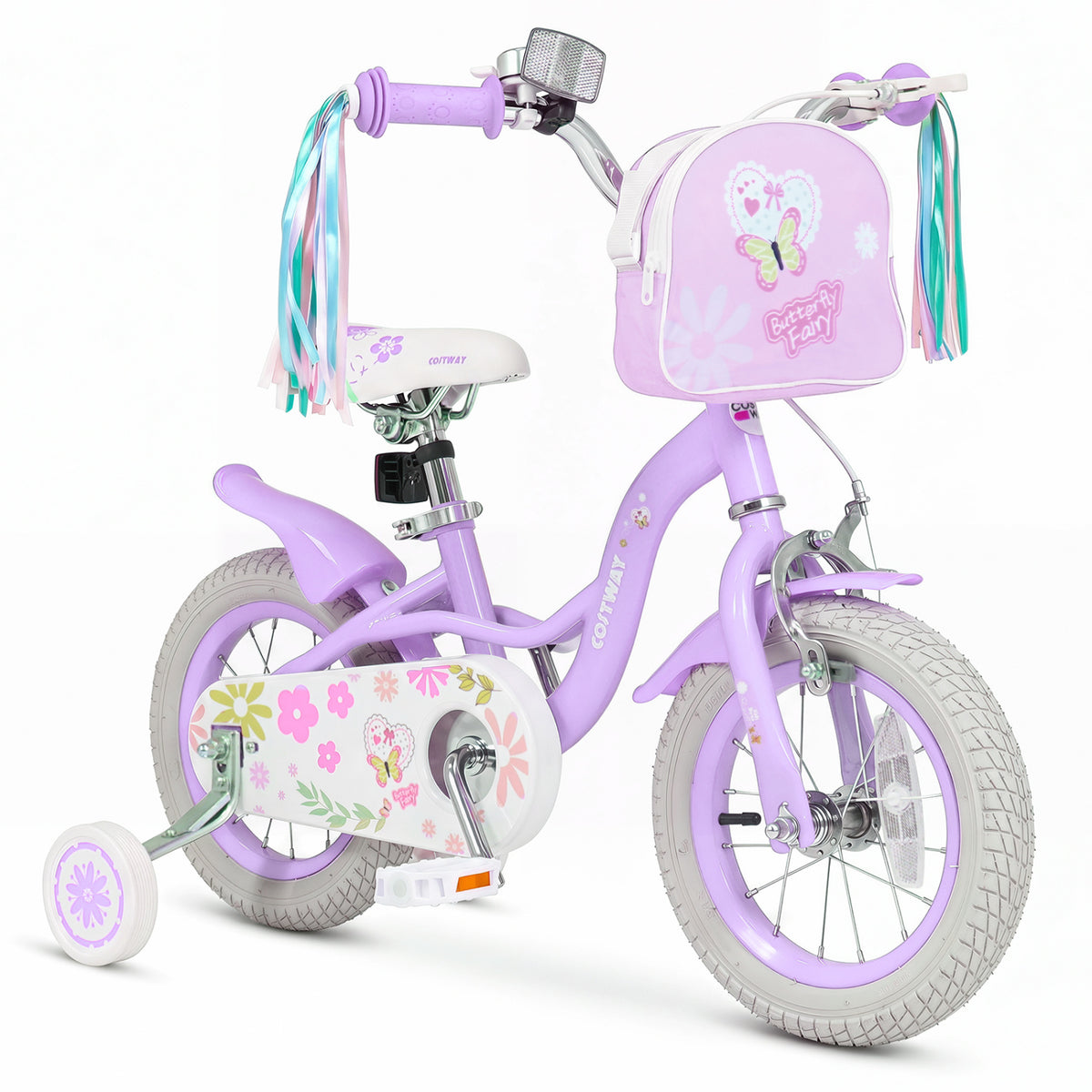 12 Inches Girls Bike with Front Bag and Streamers for 3-4 Years Purple