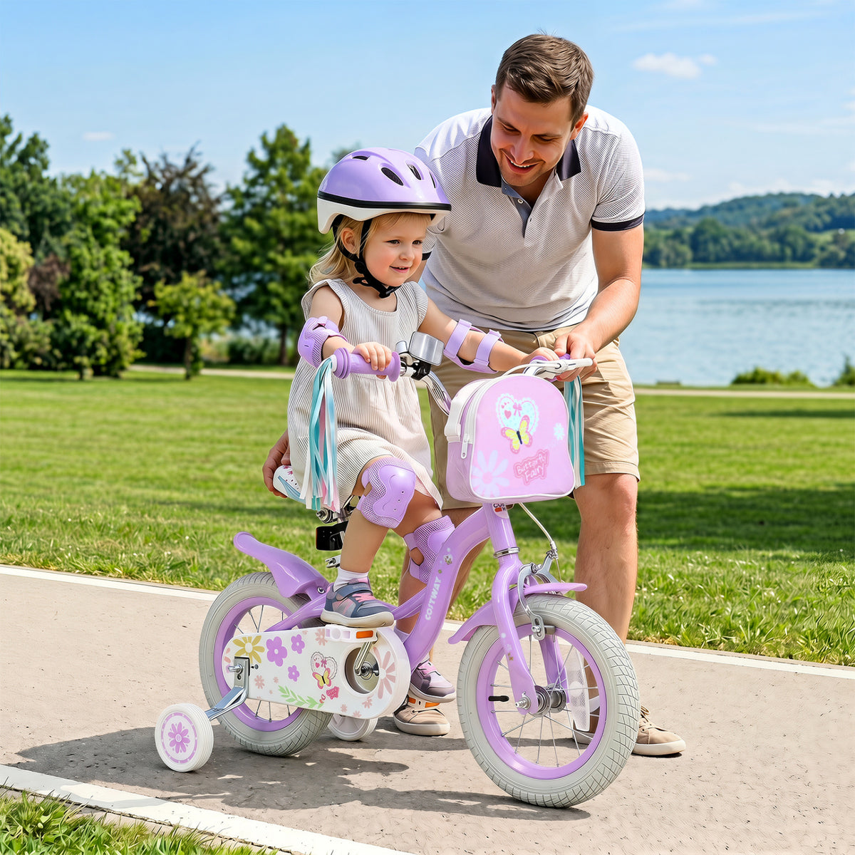 12 Inches Girls Bike with Front Bag and Streamers for 3-4 Years Purple