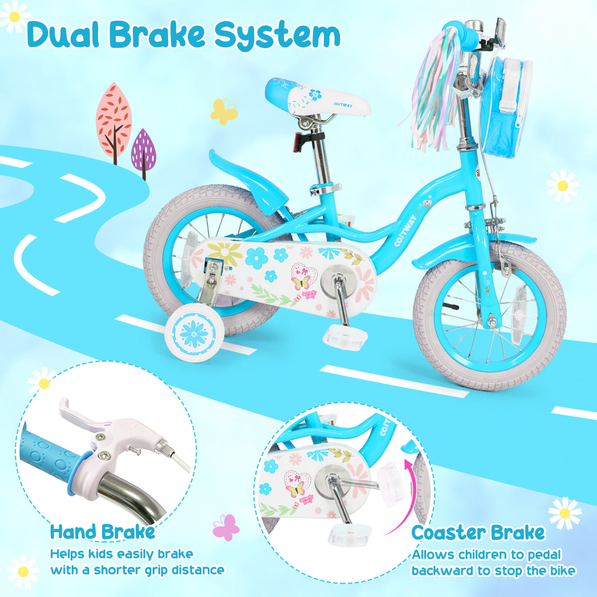 12 Inches Girls Bike with Front Bag and Streamers for 3-4 Years Blue