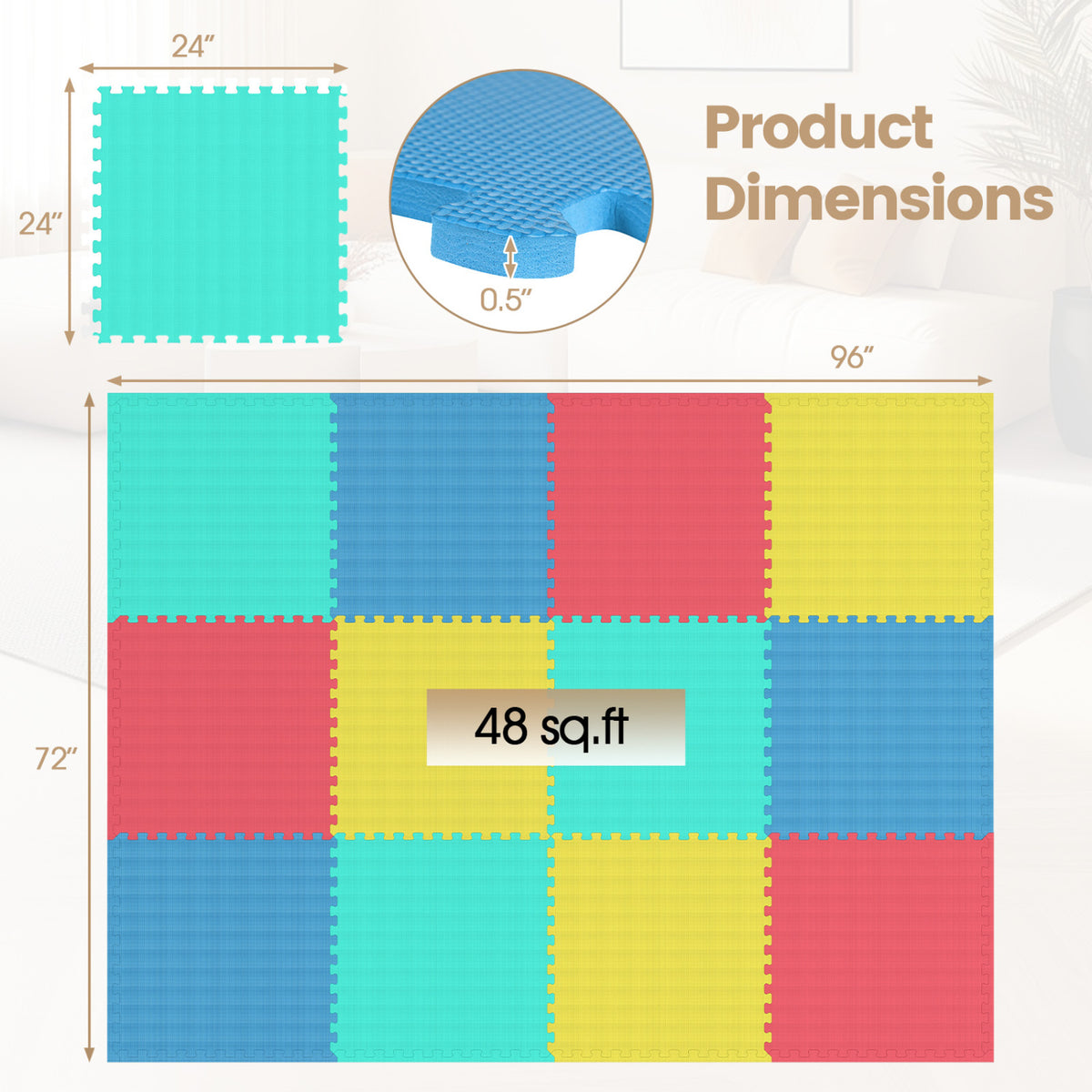 12 Pack Non-Slip Protective Interlocking EVA Foam Floor Tiles-Multicolor