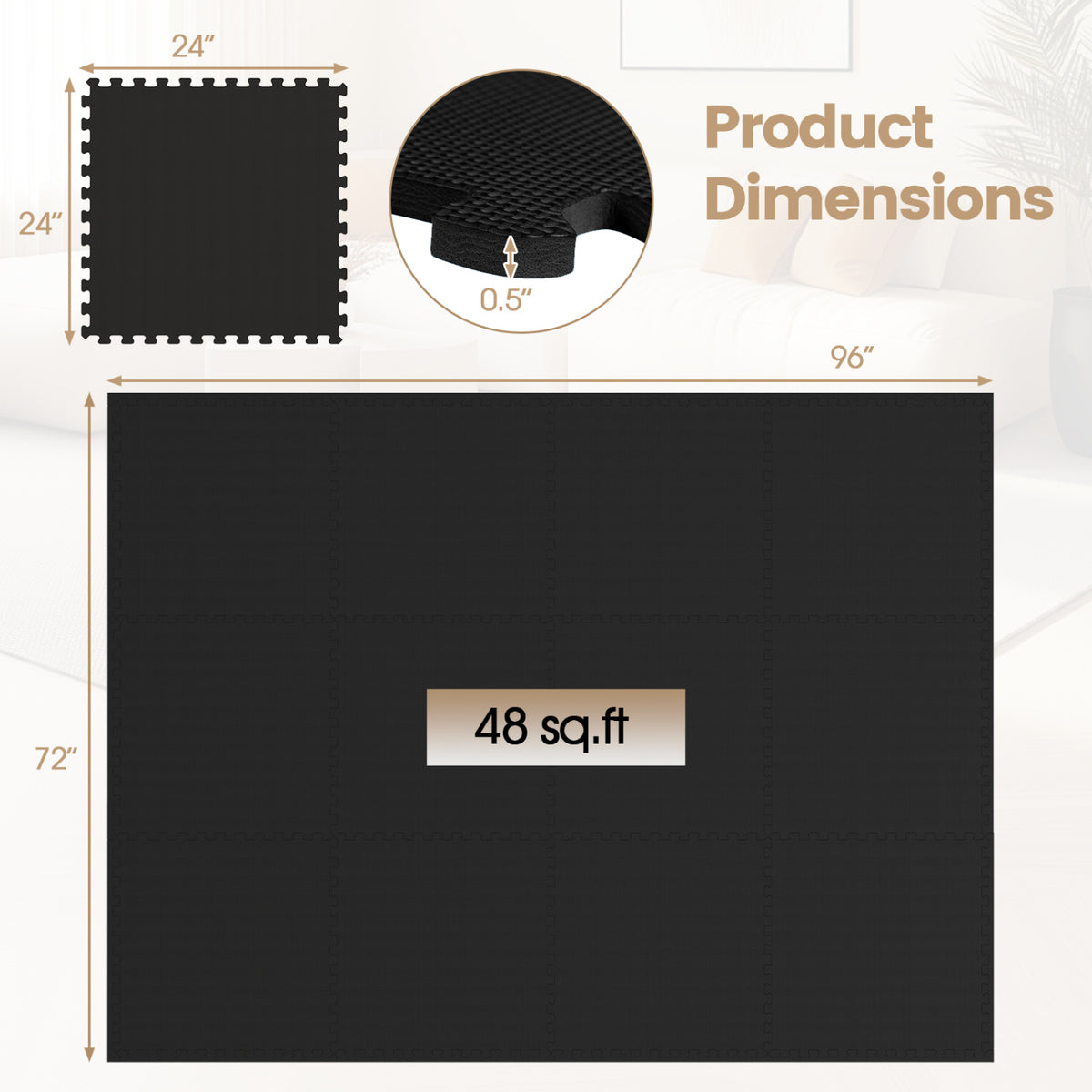 12 Pack Non-Slip Protective Interlocking EVA Foam Floor Tiles-Black