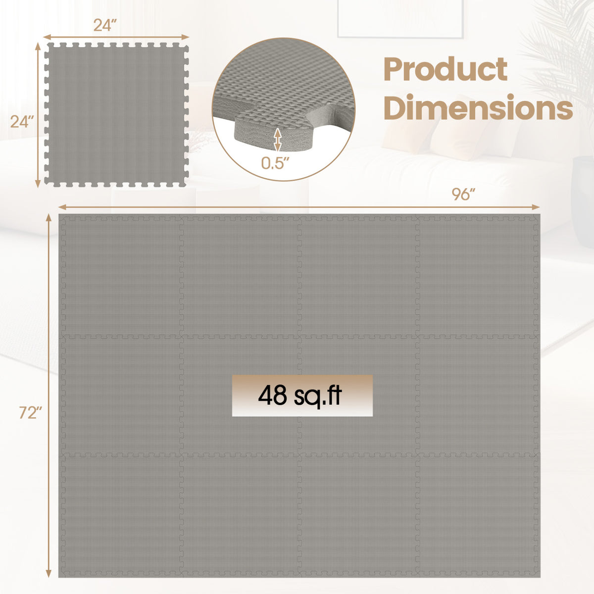 12 Pack Non-Slip Protective Interlocking EVA Foam Floor Tiles-Gray
