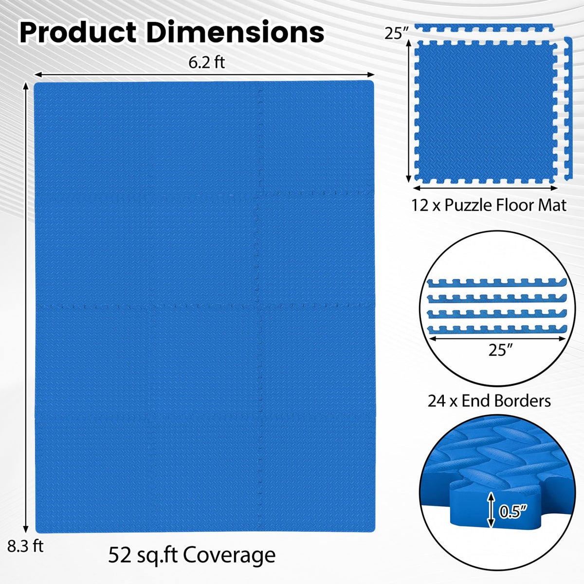 12 Tiles 1/2" Puzzle Exercise Floor Mats-Blue