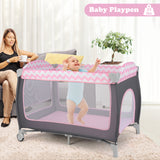 3-in-1 Portable Baby Playard with Zippered Door and Toy Bar-Pink